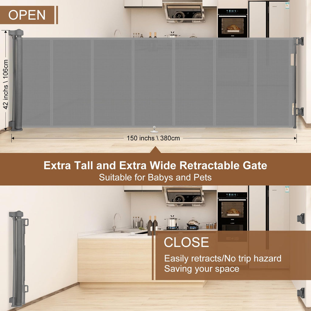 150 inch Reinforced Retractable Baby Gates 42 inch Tall