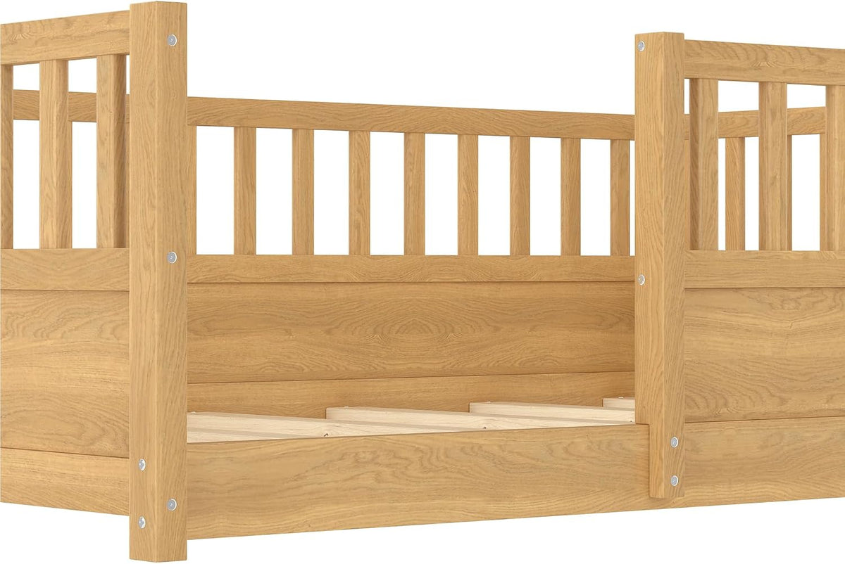 Full Size Floor Bed with High Fence, Wood Montessori Bed with Slats and Guardrails