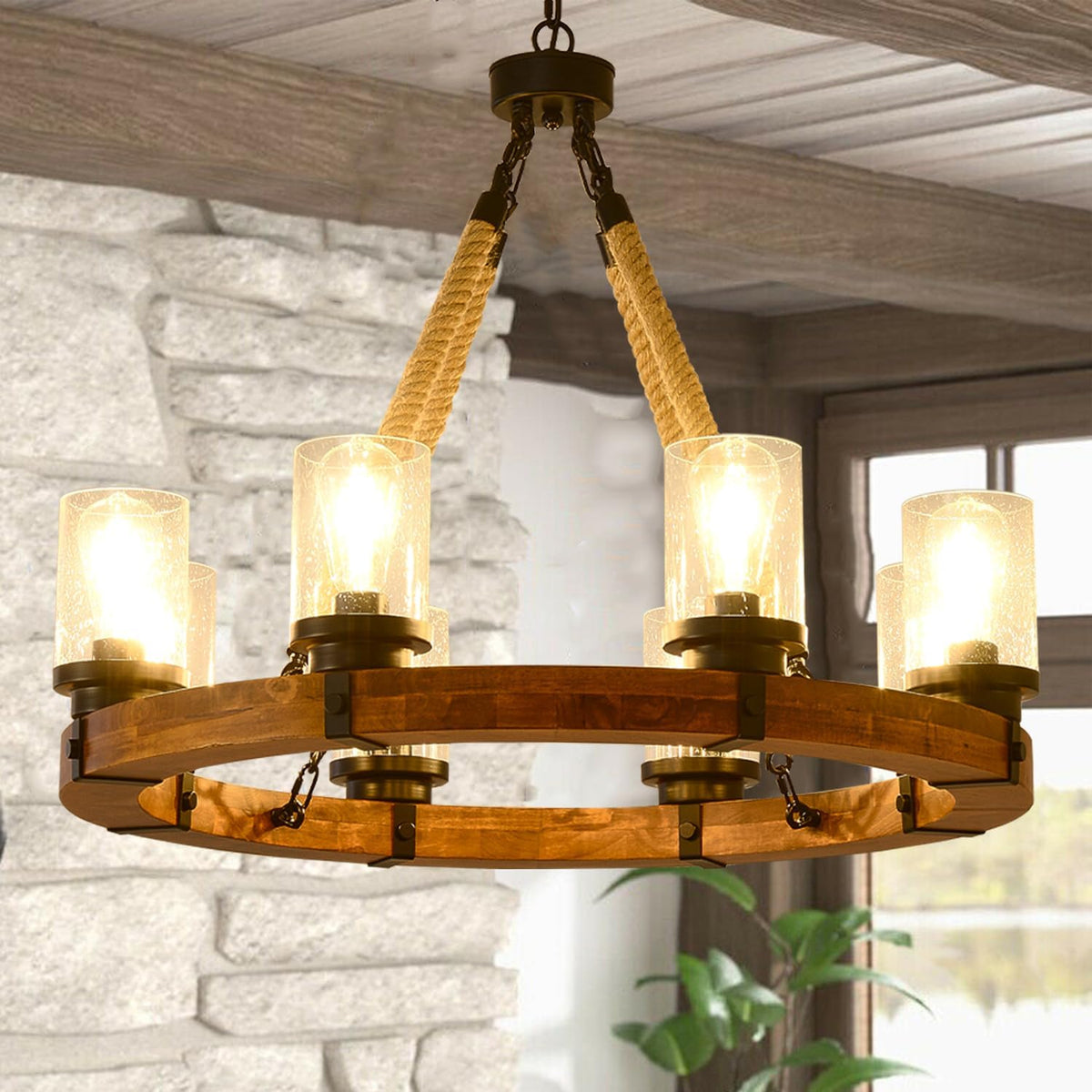 8-Light Round Wagon-Wheel Chandelier, Rustic Ring Fixture for Dining and Living