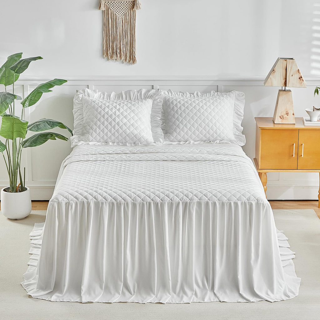 Ruffle Skirt Bedspread Set - 30" Long Drop - Vintage Chic Ruffled Summer Coverlet Bed Spreads Quilt Boho Bedding