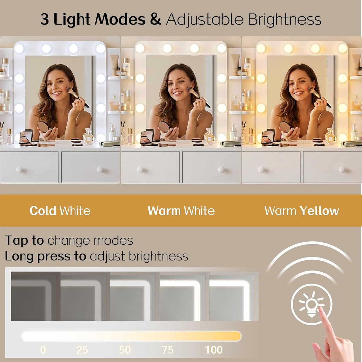 Makeup Vanity Desk with LED Mirror and Chair Set, White | 3 Lighting Modes, Built-in Charging Station, Storage