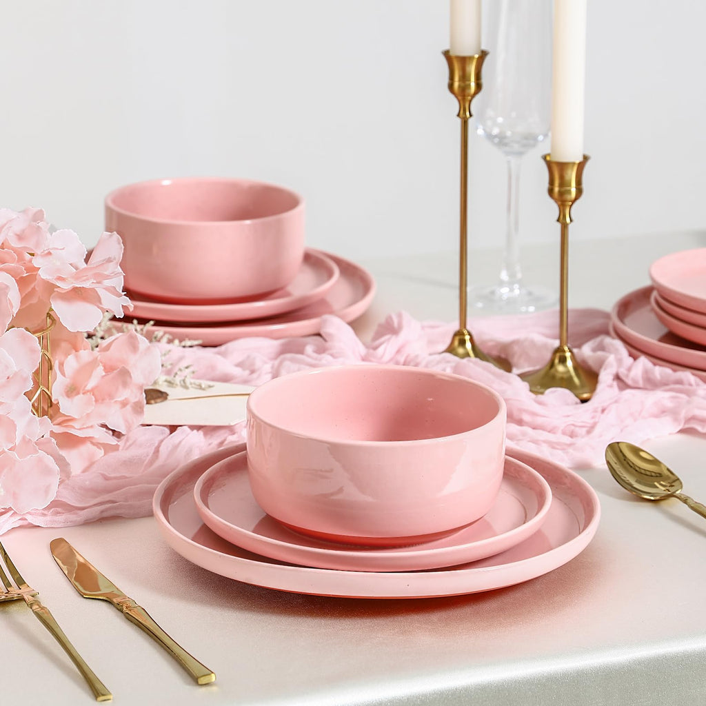 12 Pcs Stoneware Plates and Bowls, Dinnerware Sets for 4, Blush Pink