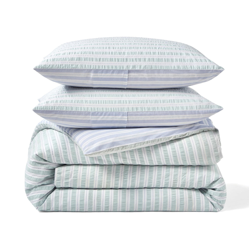 Duvet Cover Set - 100% Cotton - Seersucker Stripe Reversible Design - Includes Shams - 3-Piece - Green/Blue