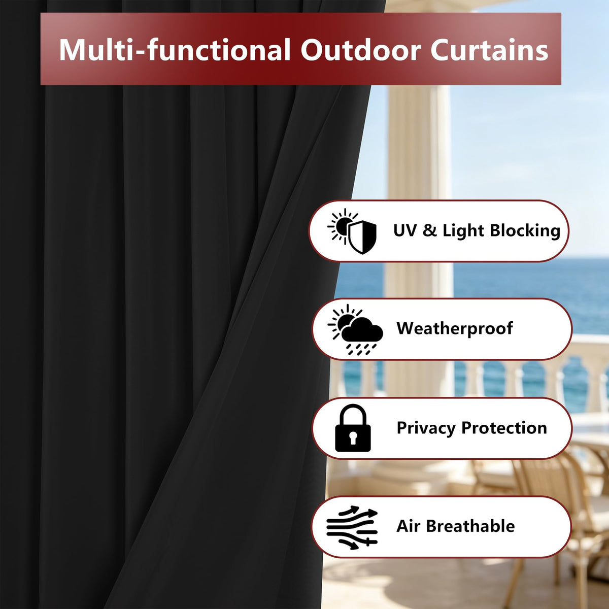 8 Panels Outdoor Curtains Waterproof - 52x120 Inches Black Blackout Curtains, Polyester Weatherproof Privacy Drapes