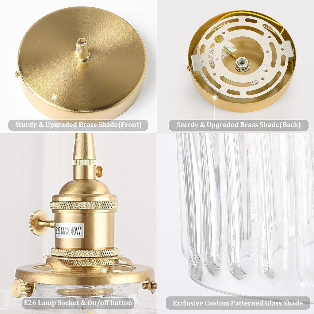 Pendant Light 2 Pack with Clear Striped Glass Lmapshade, Brass Vintage Pendant Light Adjustable Hanging Light for Kitchen Island Dining Room Hallway