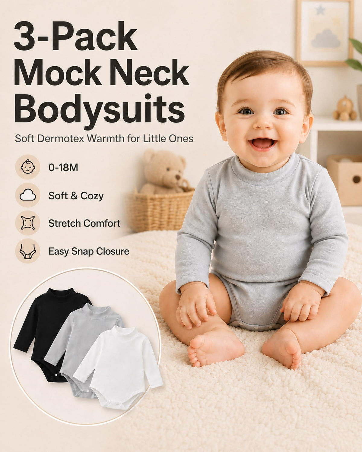 3 Pack Baby Turtleneck Bodysuit Long Sleeve Boy Girl Baby Solid Onsies Unisex Jumpsuit Newborn Essentials Clothes