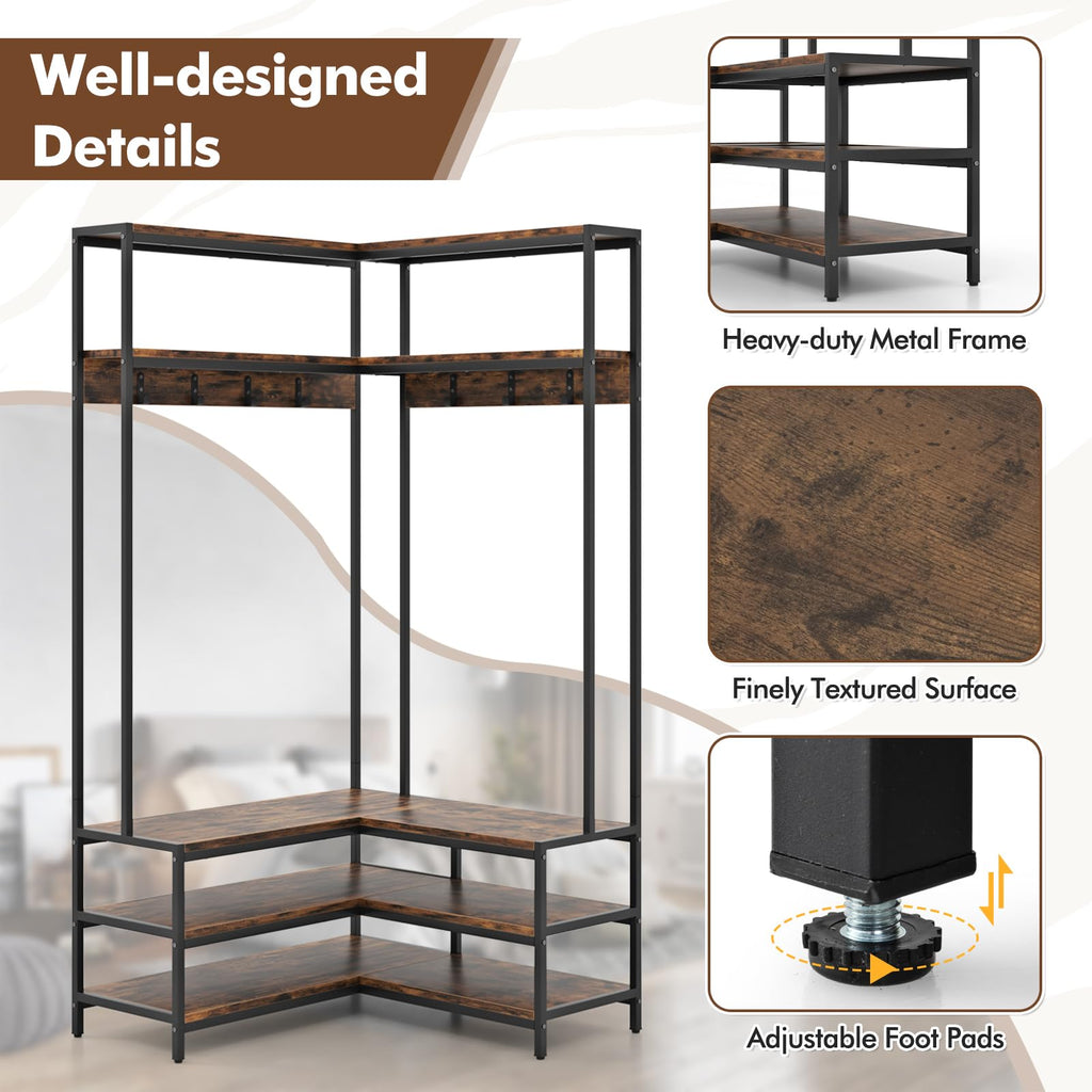Corner Hall Tree, 70 Inch Coat Rack with Bench and Shoe Storage, Entryway Furniture with 7 Hooks, Heavy Duty Metal