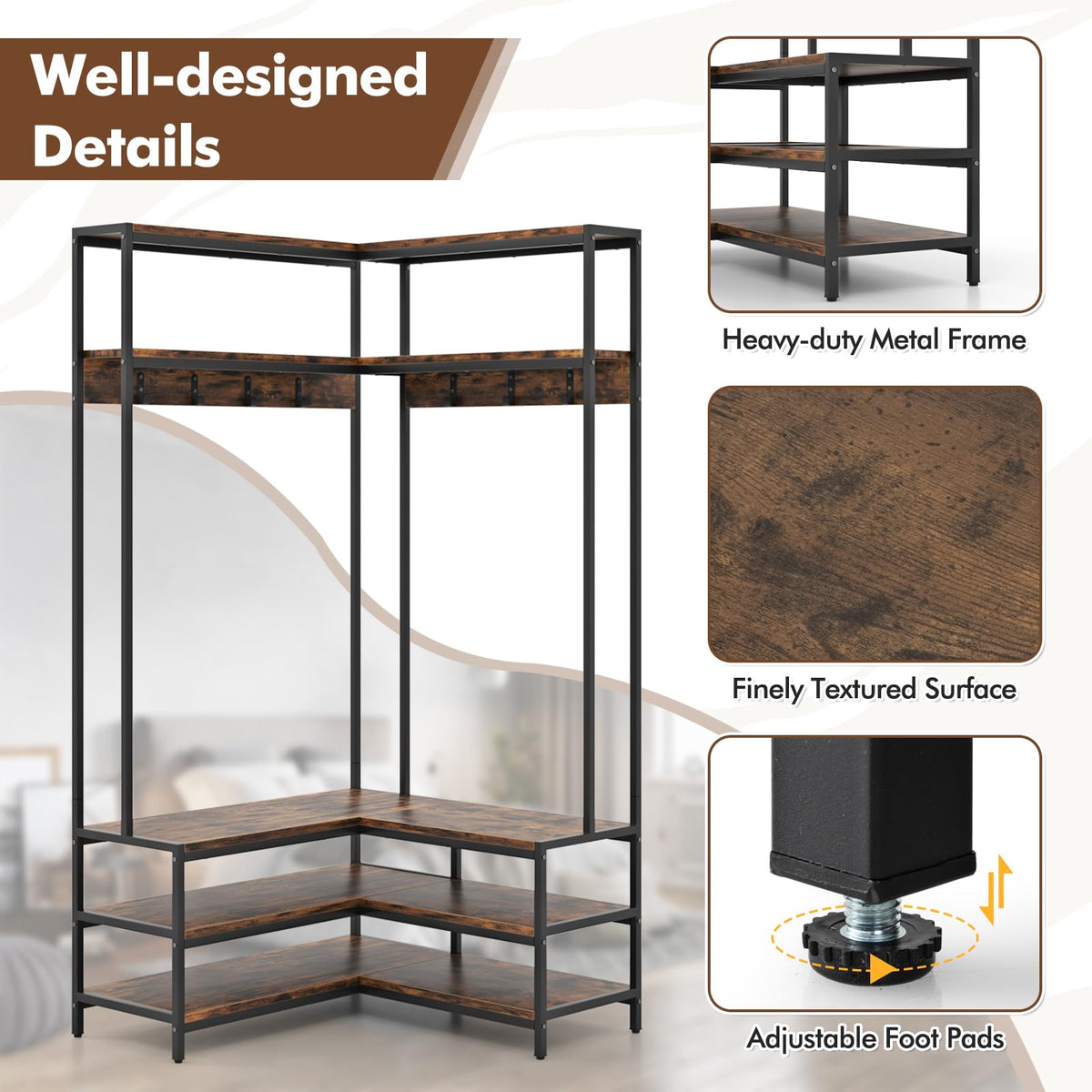 Corner Hall Tree, 70 Inch Coat Rack with Bench and Shoe Storage, Entryway Furniture with 7 Hooks, Heavy Duty Metal