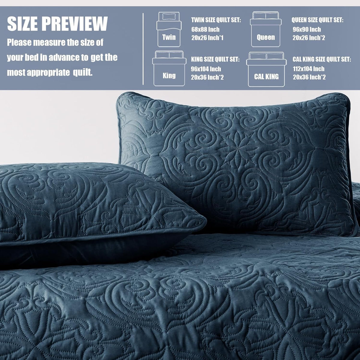 3 Piece Quilts Bedding Set, Navy Blue