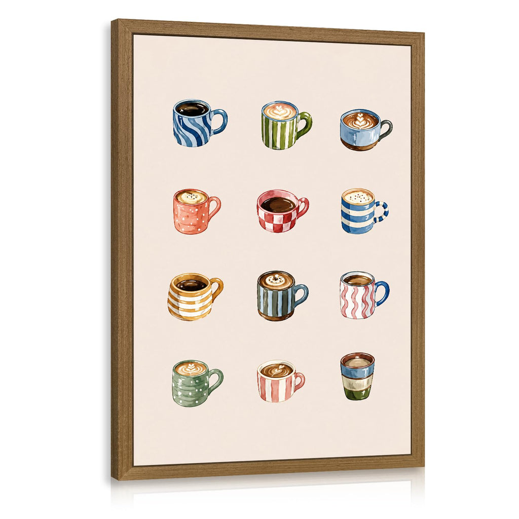 Wood Framed Coffee Cups Wall Art, Minimalist Coffee Bar Poster Print, Colorful Espresso Latte Illustration Wall