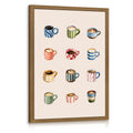 Wood Framed Coffee Cups Wall Art, Minimalist Coffee Bar Poster Print, Colorful Espresso Latte Illustration Wall