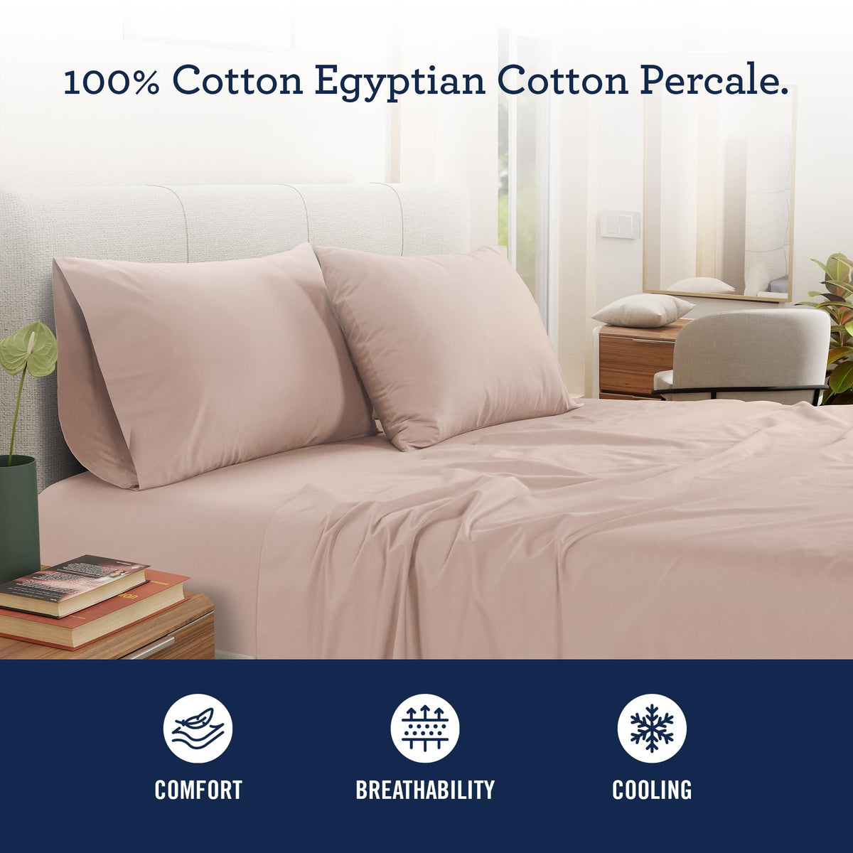 Sheet Set, 100% Egyptian Cotton Percale, Blush Rose, Soft, 4Pc