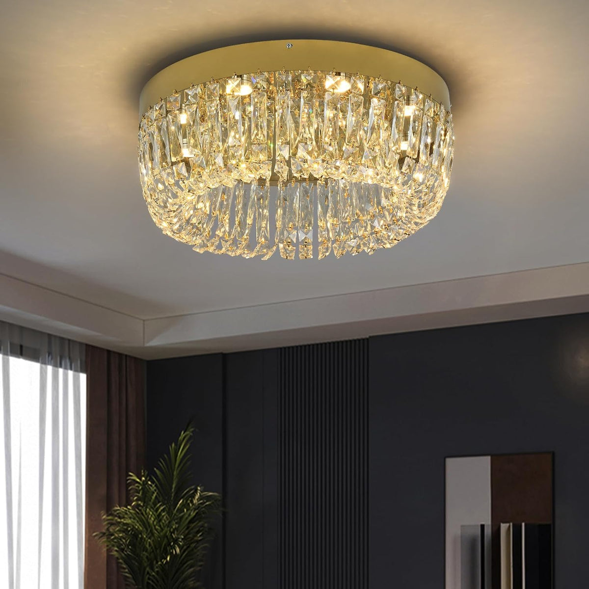 Gilded Crystal Flush Mount Chandelier for Entryways and Bedrooms