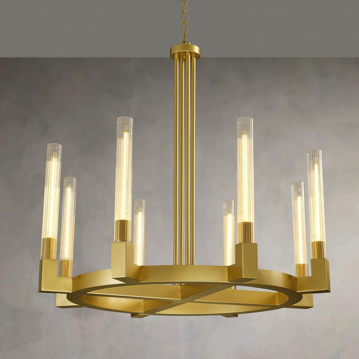 Inspired Cannele Style 36 Inch Brass Wagon Wheel Chandelier with Knurled Glass Shade,8-Lights Gold Modern Farmhouse Chandeliers for High Ceilings,Large Round chandeliers for Dining Room,Living Room,Bedroom,Foyer,Entryway