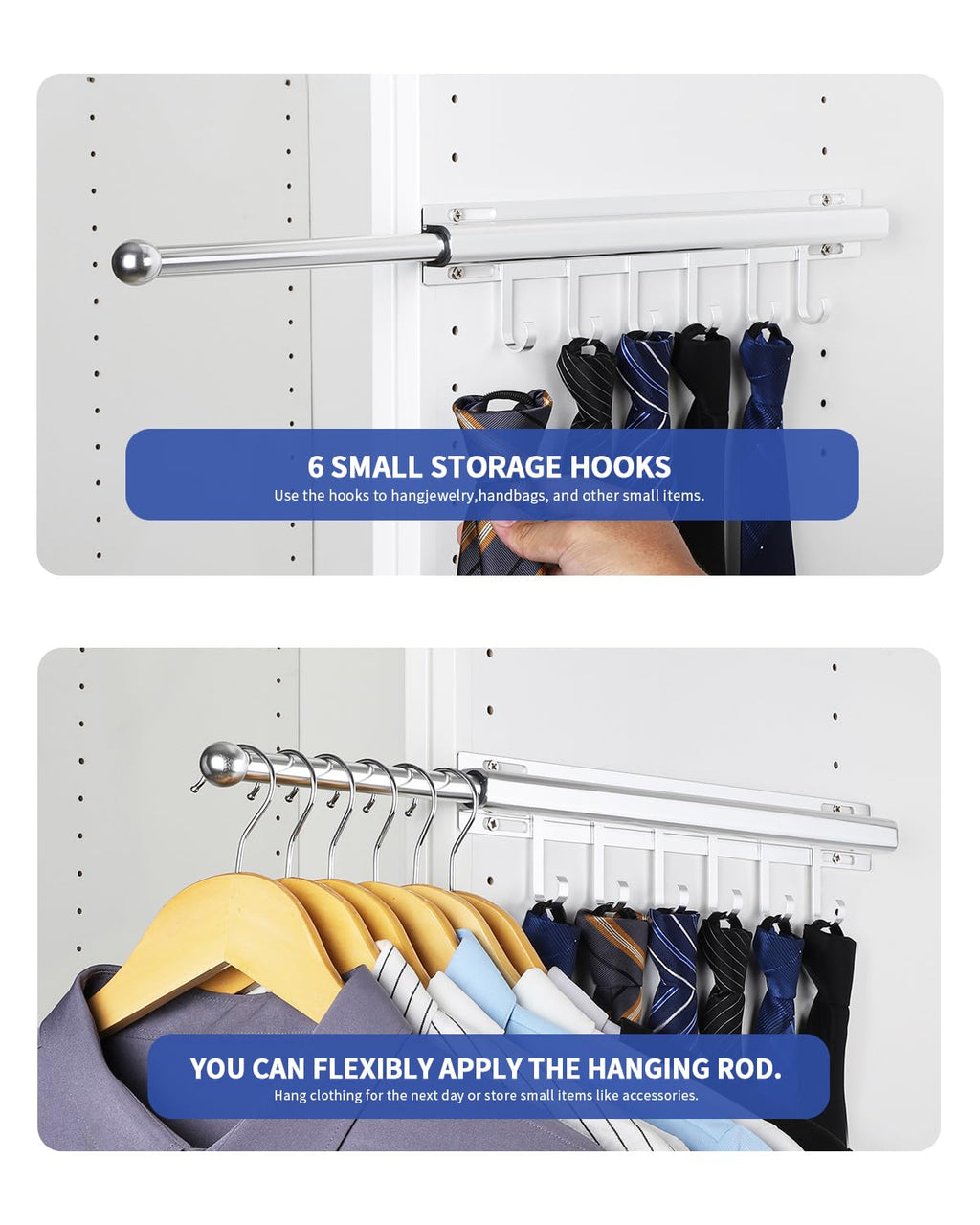 Valet Rod for Closets Pull Out 16.5" Silver with 6 Hooks (2Pack)