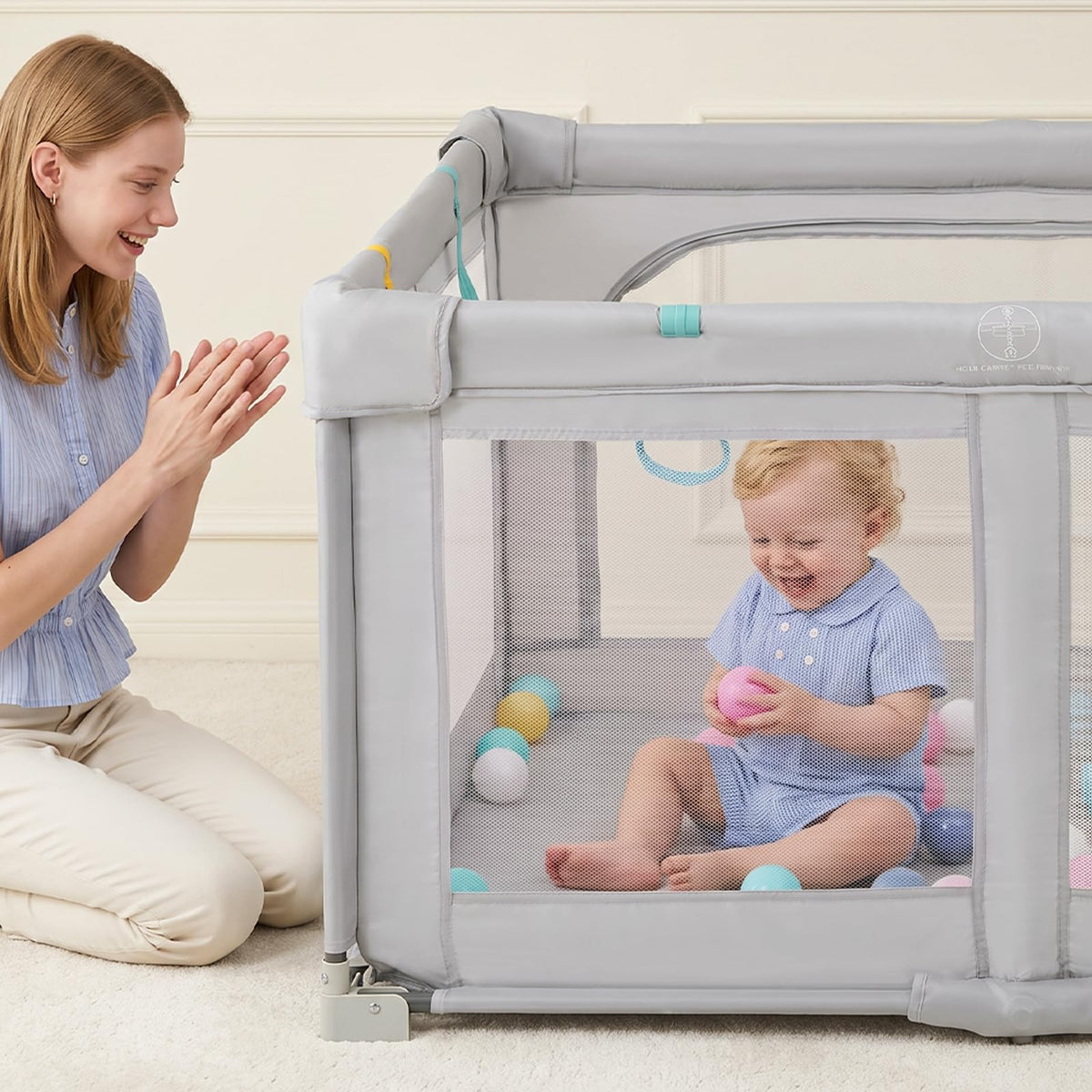 Foldable Baby Playpen with Mat, 50" x 50" Large Baby Play Yard for Infant with 50 Ocean Balls, 4 Handlers, Carry Bag