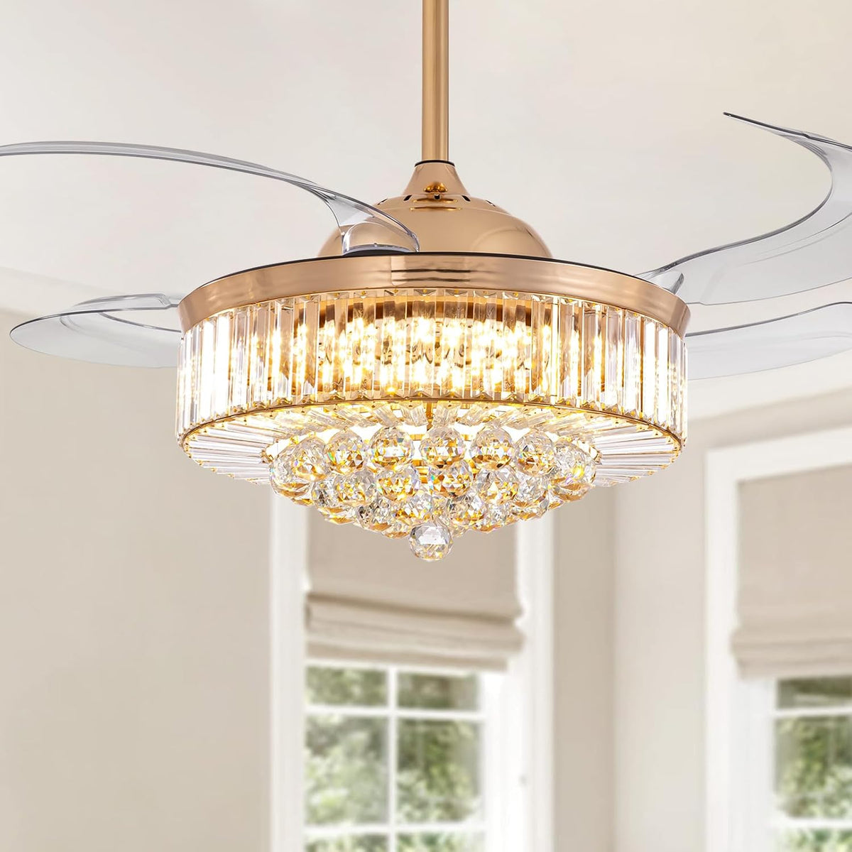 48 Inch Crystal Ceiling Fan with Light and Remote Modern Dimmable Fandelier Invisible Retractable Chandelier Fan Gold