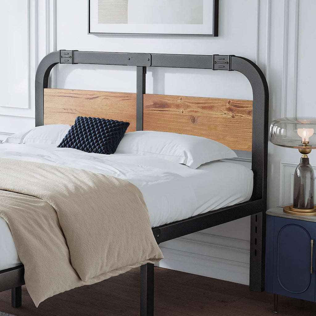 Full Size Metal Bed Frame with Solid Wooden Headboard, Country Style Bed Platform, 14 Inch High Heavy Duty Steel