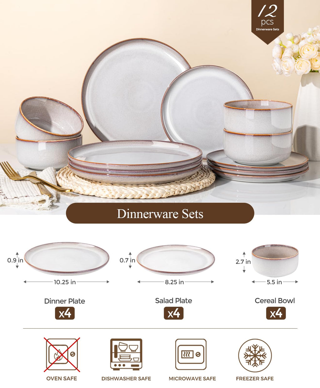 Dinnerware Sets for 4, Ceramic Plates and Bowls Sets (12 Piece)
