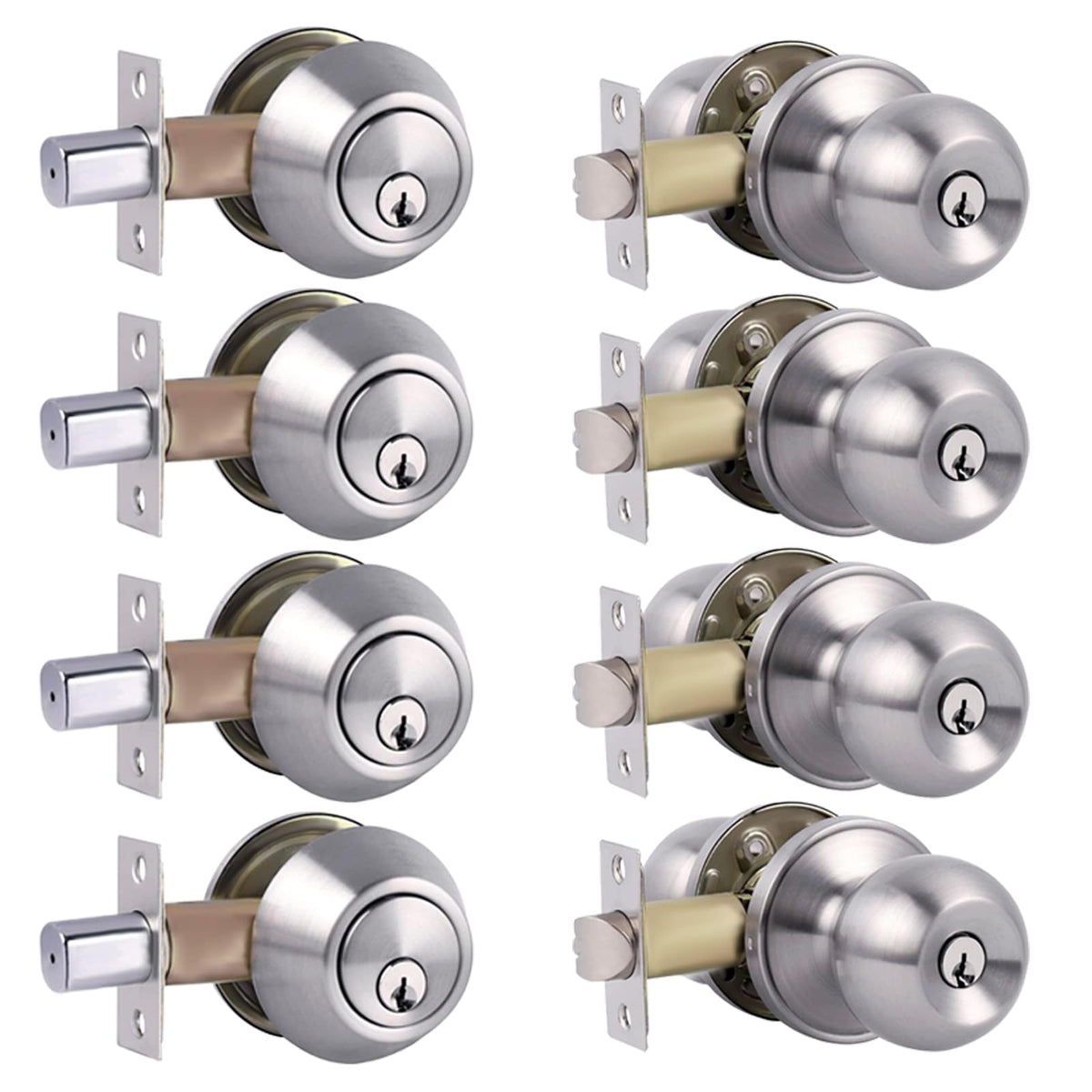 Single Cylinder Deadbolt Lock and Door Knob, Satin Nickel, 4pack-Set