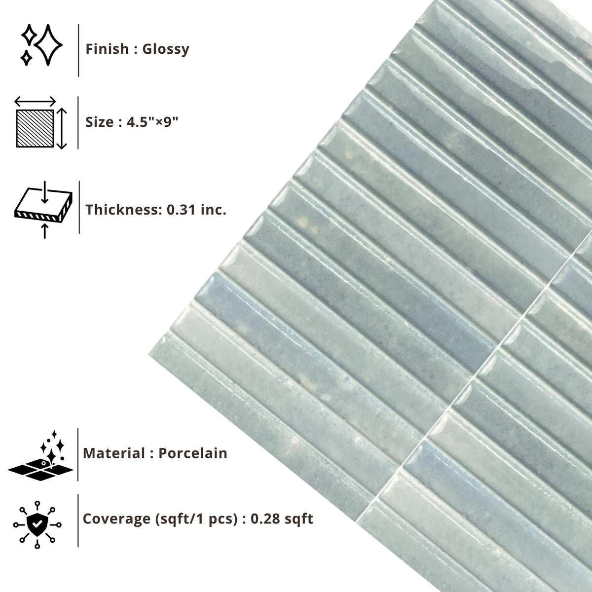 Scandia Glossy Ice Blue 4.5x9 Ribbed Porcelain Wall Tile, 3D KitKat Fluted Decorative Tile Backsplash, Bathroom