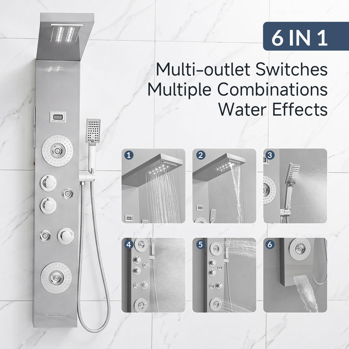 Nickel and Chrome 6 in 1 Shower Panel Tower System Rainfall Shower Panel