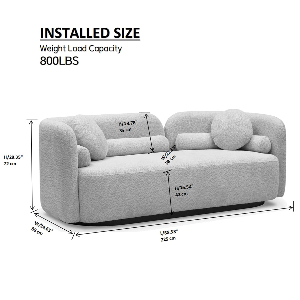 Curved Sofa Couch, 88.58", Solid Wood Frame, Pillows, Boucle, Modern, White