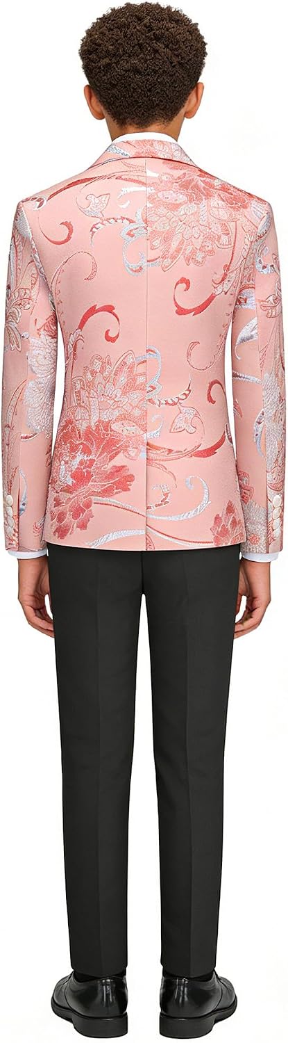 Boys Floral Tuxedo Suit Set Kids 3 Piece Slim Fit Prom Set