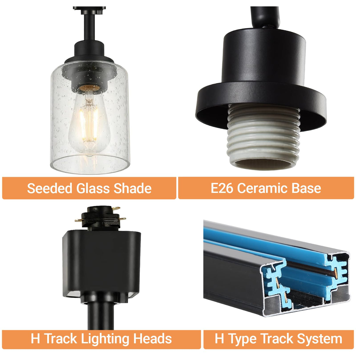 H Track Lighting Heads, Black Track Lighting Fixtures Ceiling with Seeded Glass Shade, H Type Track Lighting