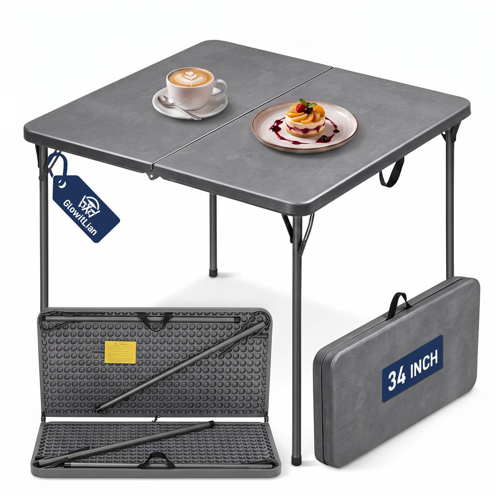 34" Square Folding Table for 4 Person, 330lbs Weight Capacity Foldable Table with HDPE Tabletop & Heavy-Duty Steel