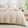 Beige Duvet Cover, Super Soft Seersucker Duvet Cover Set, 3-Piece Lightweight Duvet Cover with Zipper