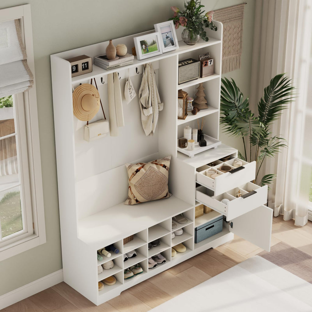 5-1 Hall Tree with Bench & Shoe Cubby, Farmhouse Entryway Mudroom Coat Rack
