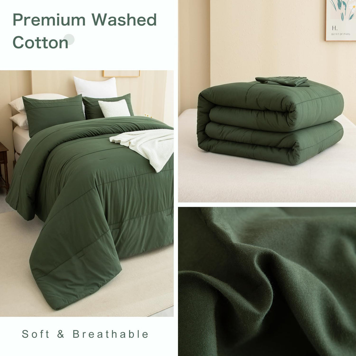 Olive Green Comforter 120"x120", Cotton Pleated Dark Green Bedding Comforter Set, 3 Pieces Lightweight