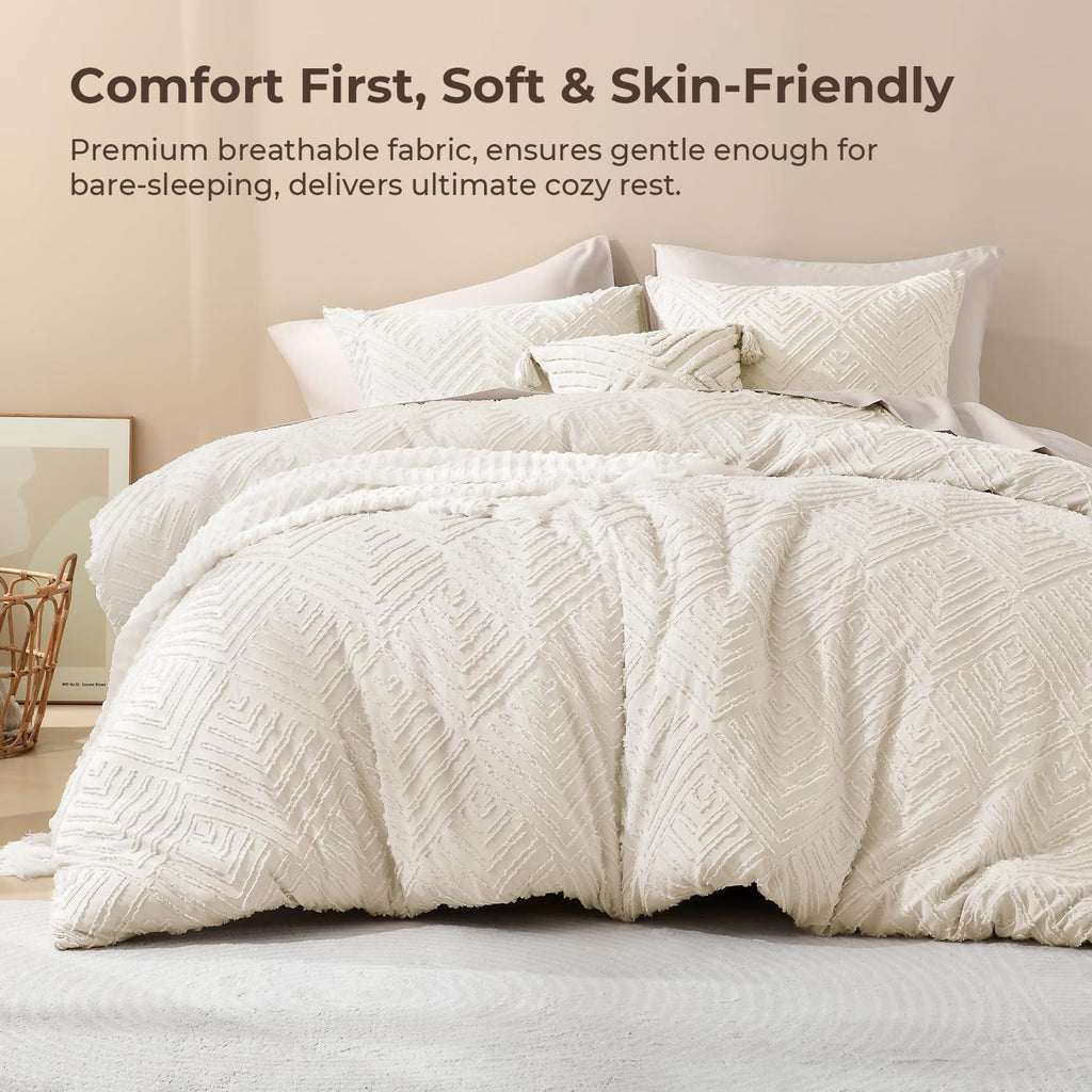 Queen Size Comforter Set, 3 Pieces Beige Tufted Boho Bedding Set