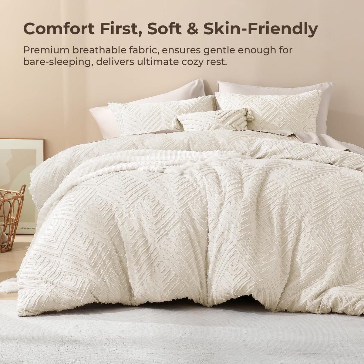 Queen Size Comforter Set, 3 Pieces Beige Tufted Boho Bedding Set