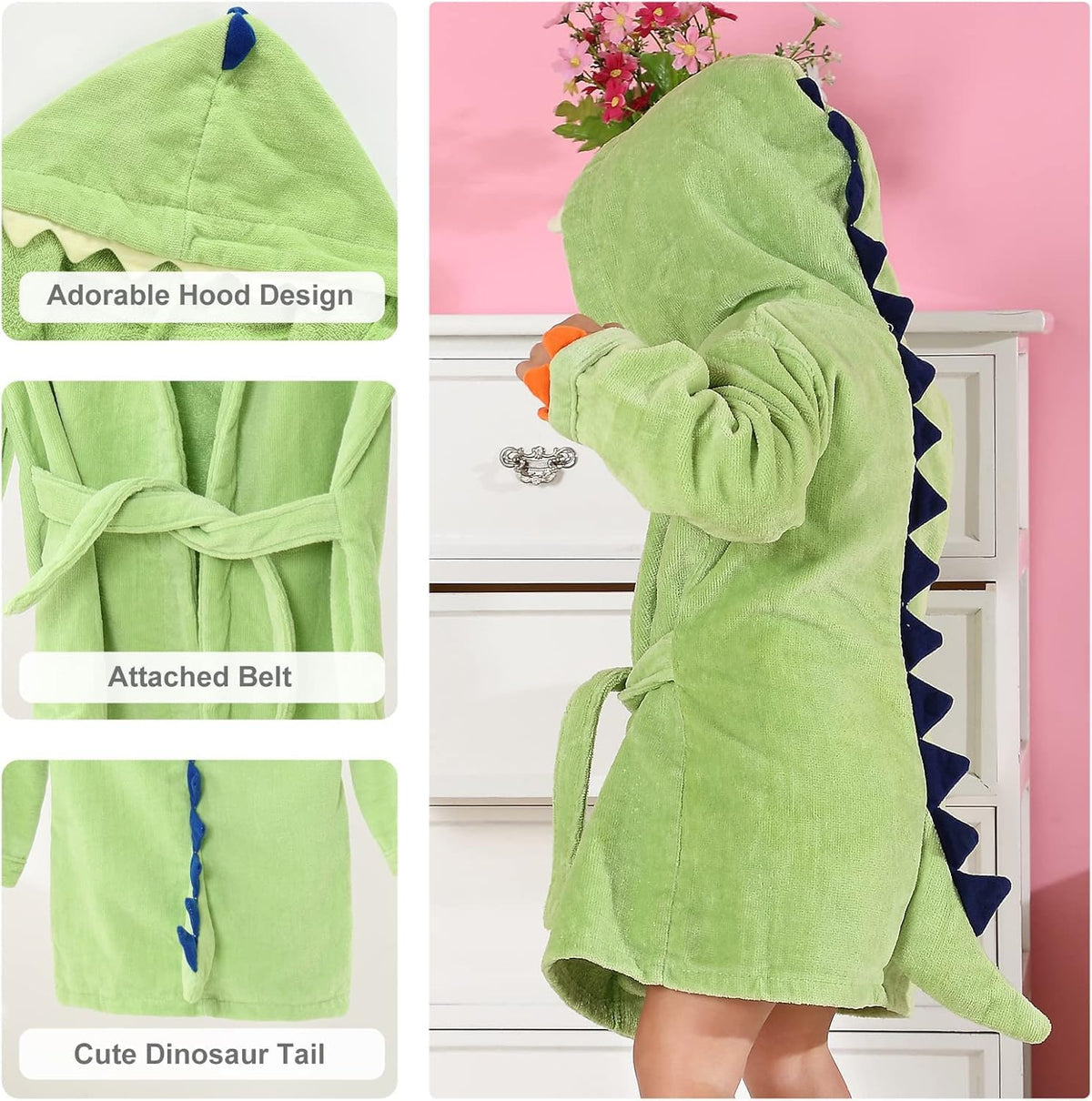 Girls Boys Robe Cotton Towel Baby Dinosaur Style Hooded Bathrobe