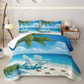 Beach Quilted Bedspread, Sunny Beach Palm Tree Starfish Quilt Bedding Set 3 Pieces, Tropical Coastal Ocean