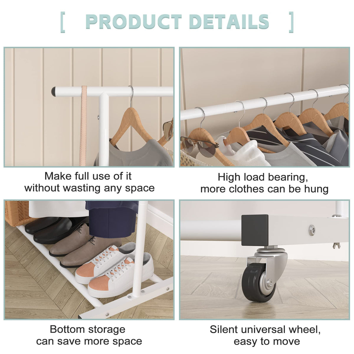 Double Rod Metal Clothing Garment Rack on Wheels, White