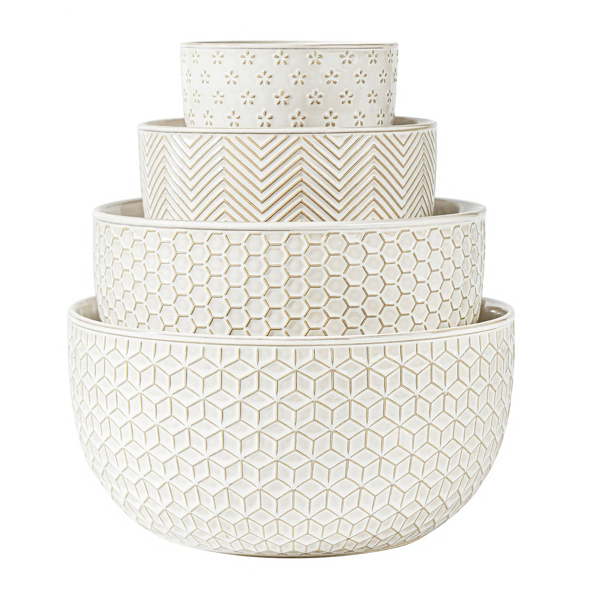 Ceramic Mixing Bowls, Embossed Nesting Bowls Set of 4, Mixing Bowl Set for Serving, Baking, Cooking and Gift