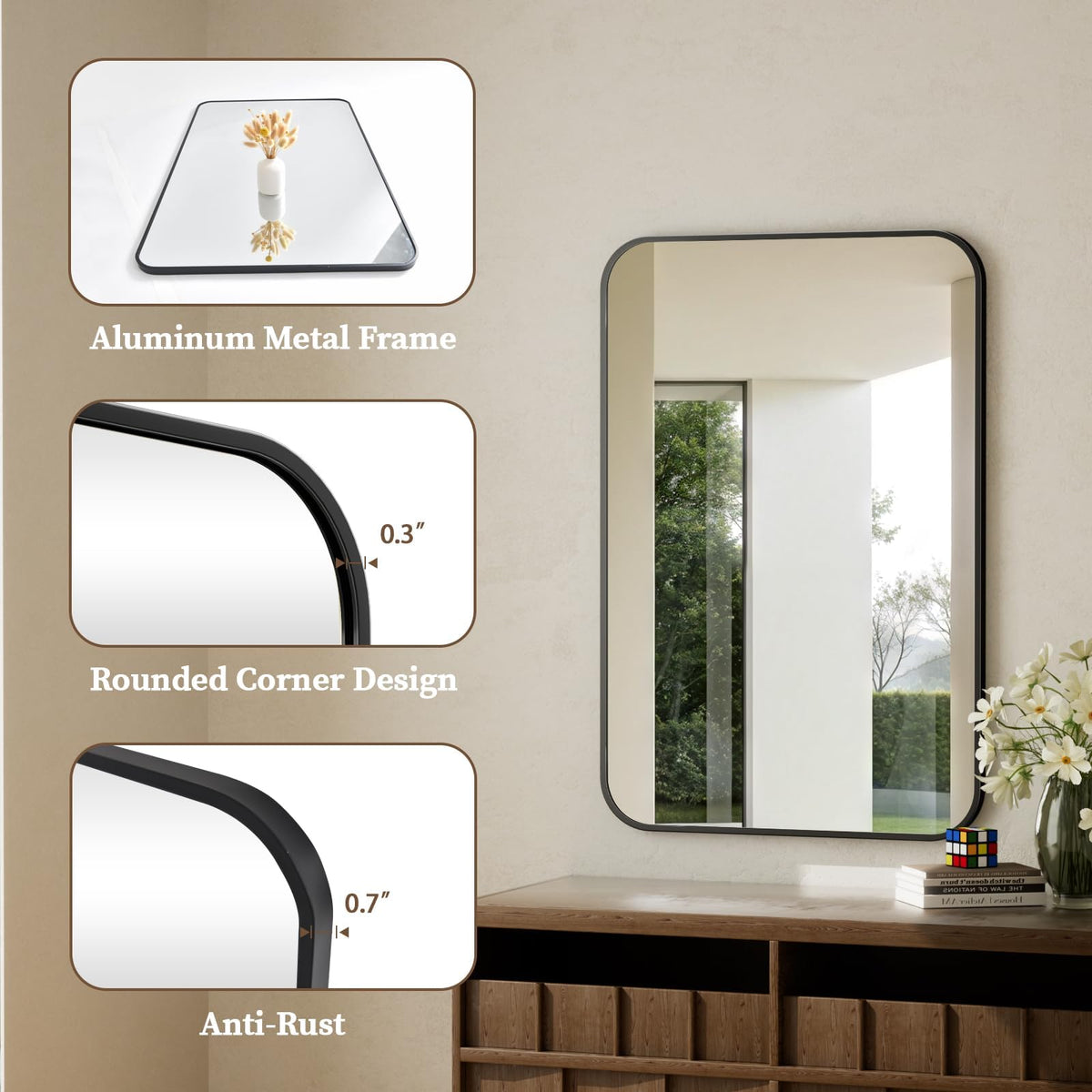 24" x 36" Rectangular Aluminum Alloy Frame Wall Mounted Bathroom Mirror with Rounded Corners, Black