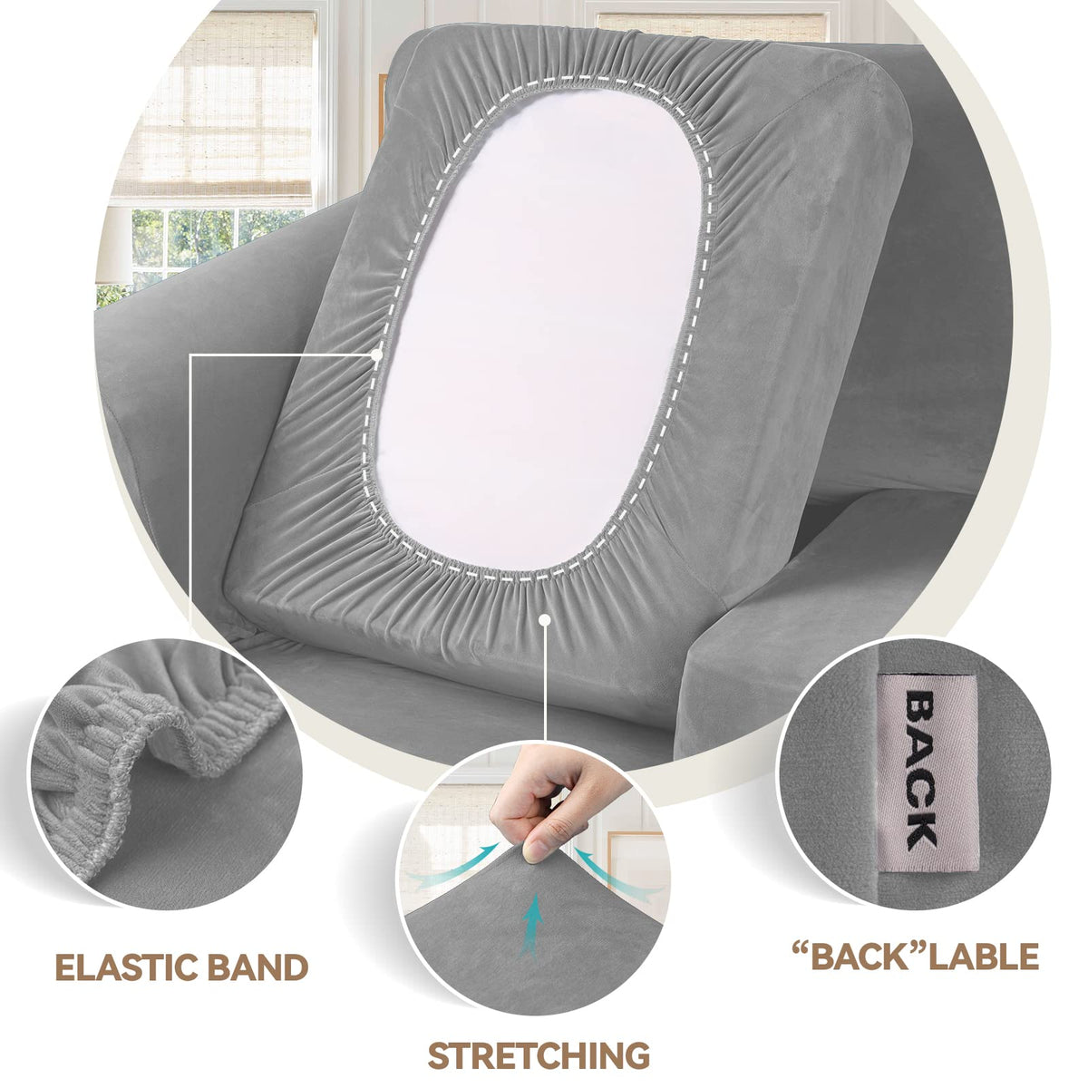 Velvet Stretch 3 Pieces Couch Cover for Sofa Washable, Silver Grey