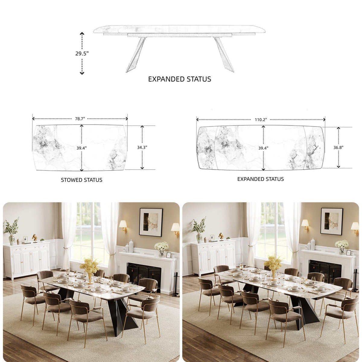Extendable Dining Table with Leaf, 78"-110" Rectangular Sintered Stone, Marble-Look Top, Seats 6-14, Metal Base