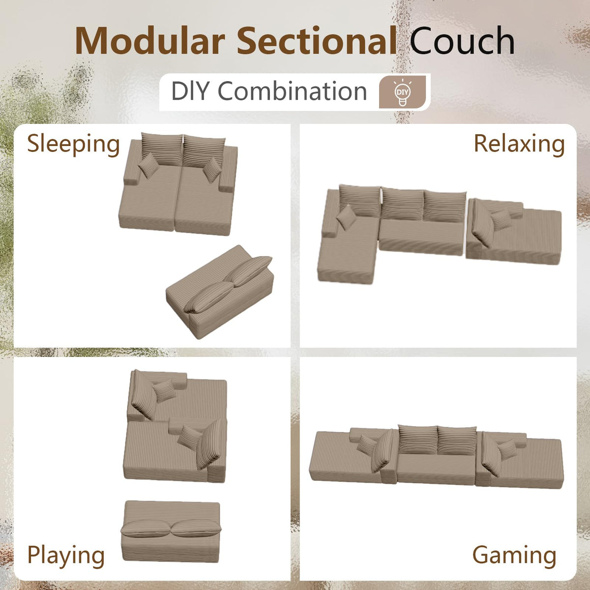 Cloud Sectional Boneless Couch U Shaped, Comfy Corduroy Modular Sectional Couches, 4 Seater Deep Seat Memory Foam