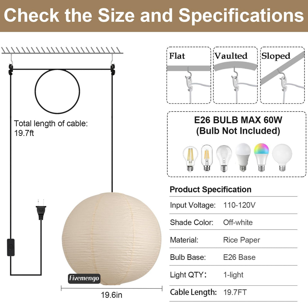 Inspired Noguchi Style 20in Paper Lanterns Plug in Hanging Lamp Off-White 19.7FT Cord