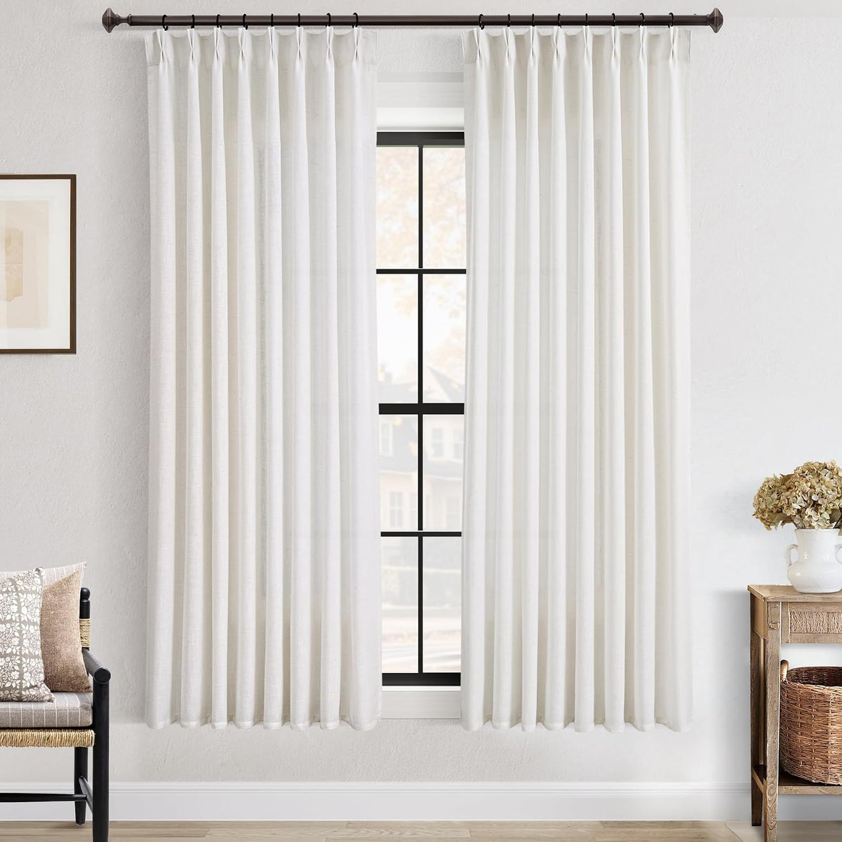 Memory Trained Pinch Pleated Linen Curtains with Hooks Living Room 2 Panels