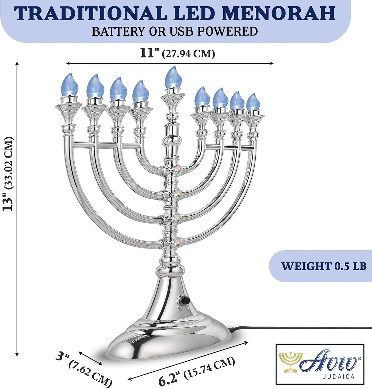 Traditional LED 13" Metallic Silver Battery or USB Powered Chanukiah with 4' USB Cable Electronic Chanukah Minorah