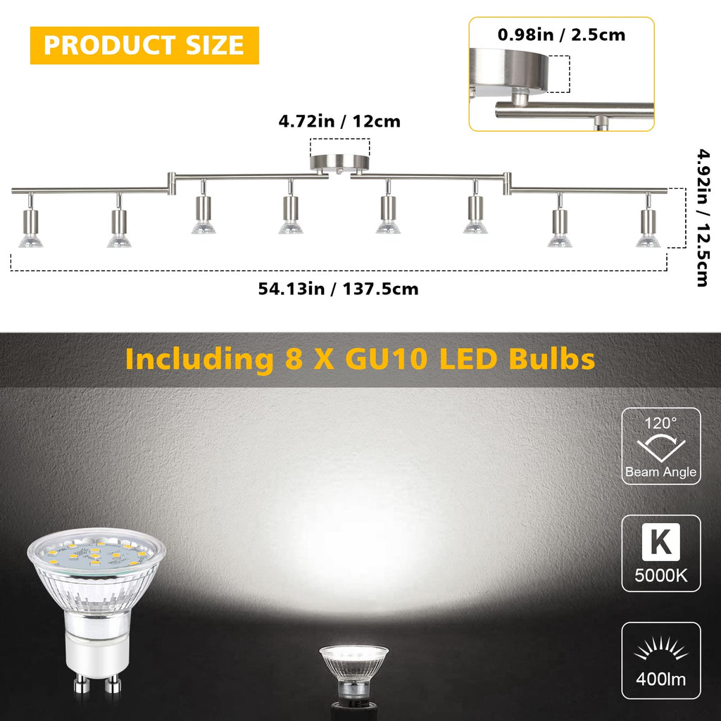 LED Track Lighting Kit, 54.13'' Matt Nickel 8 Way Ceiling Spot Lighting, Flexibly Rotatable Light Head, Modern Track