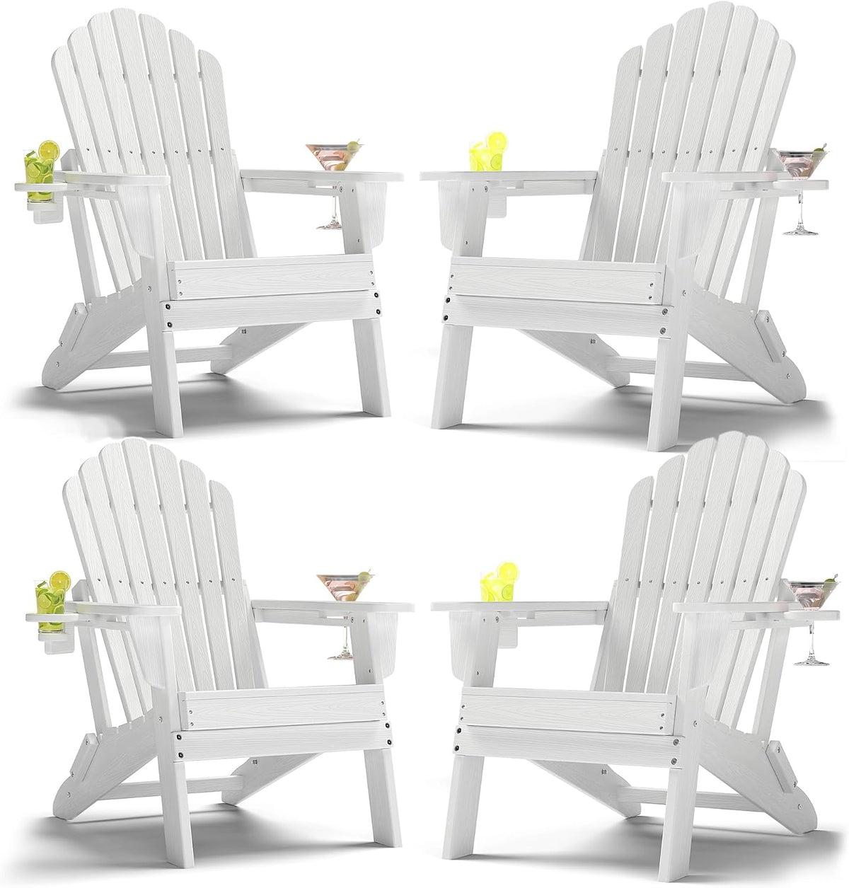 Fold Adirondack Chairs Set of 4, Double Cup Holders, White | HDPE Patio Chair, All Weather Fire Pit Chairs, 380lbs