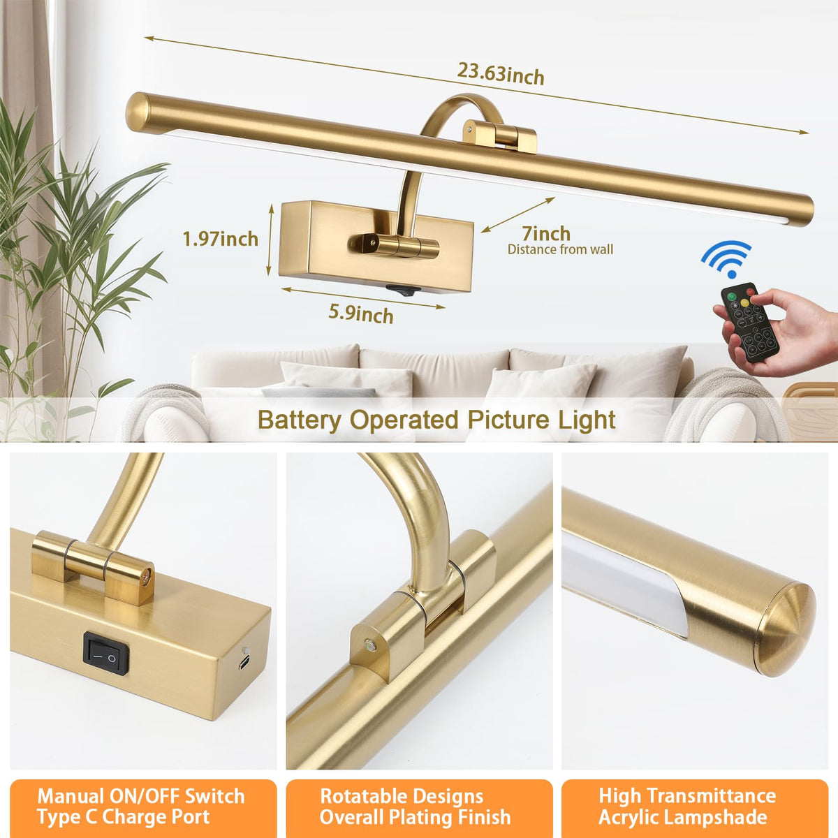 Picture Light Battery Operated with Remote, 3CCT Dimmable Picture Light for Paintings, Brass Rechargeable 24 inch