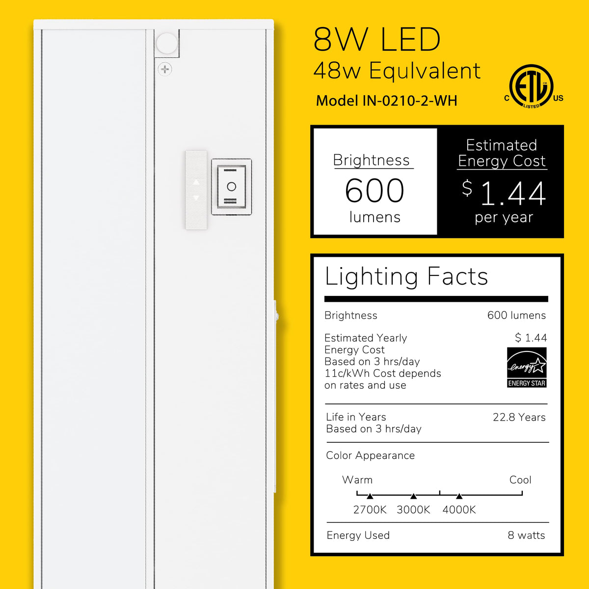 18-inch 3 Color Levels LED Under Cabinet Lighting, Hardwired or Plugged-in, Selectable White 2700K/3000K/4000K